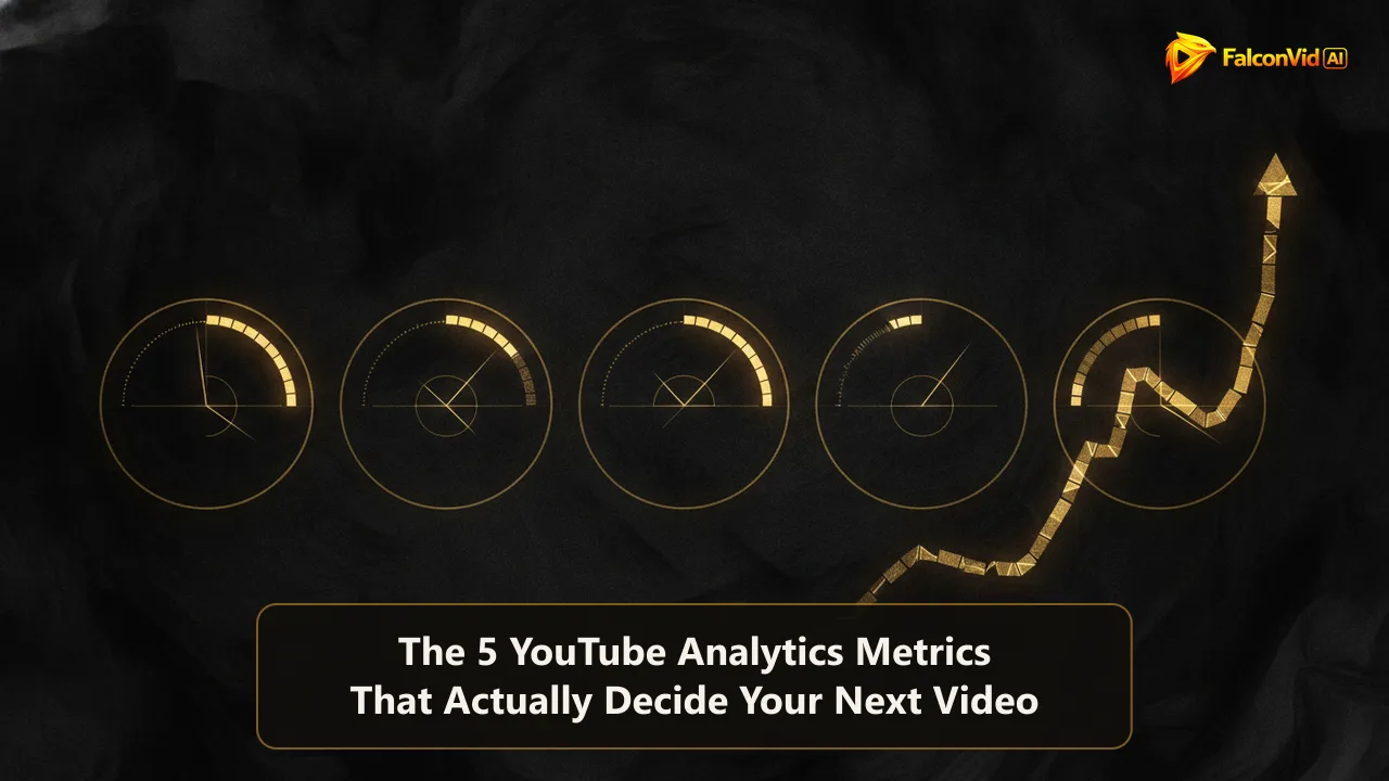 Abstract dark editorial illustration of five glowing golden gauges beside a rising line over a charcoal background, evoking key YouTube analytics metrics.