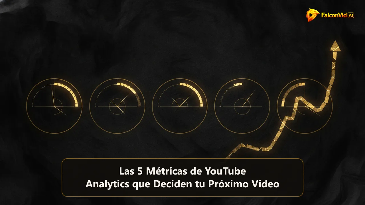 Ilustración editorial oscura y abstracta con cinco medidores dorados brillando junto a una línea ascendente sobre fondo carbón, que evoca las métricas de YouTube Analytics.