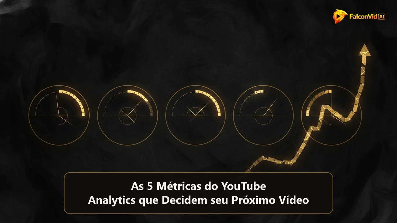 Ilustração editorial escura e abstrata com cinco medidores dourados brilhando ao lado de uma linha em ascensão sobre fundo carvão, evocando as métricas do YouTube Analytics.
