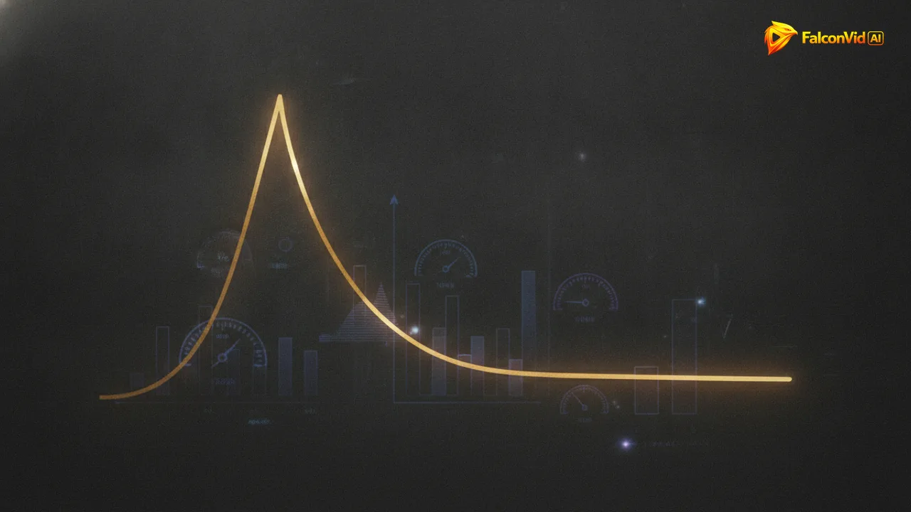 Abstract analytics dashboard with a single glowing golden retention curve rising past faint gauge shapes on a charcoal background.