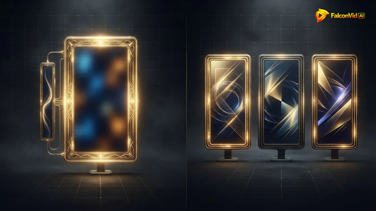 On the left a single video frame with a secondary wave attached to it, on the right three complete, independent video frames, each on its own pedestal