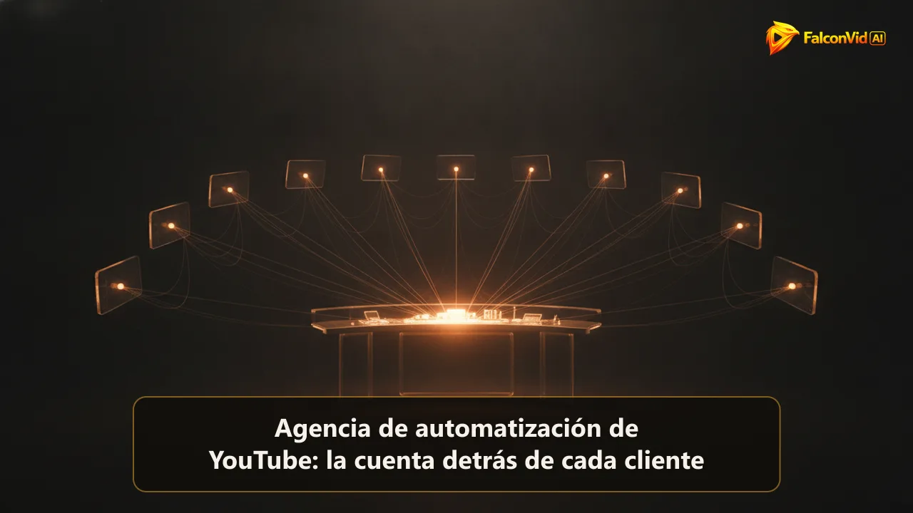 Una mesa de control iluminada conectada por hilos de luz a un semicírculo de paneles flotantes, representando a un operador manejando varios canales de clientes