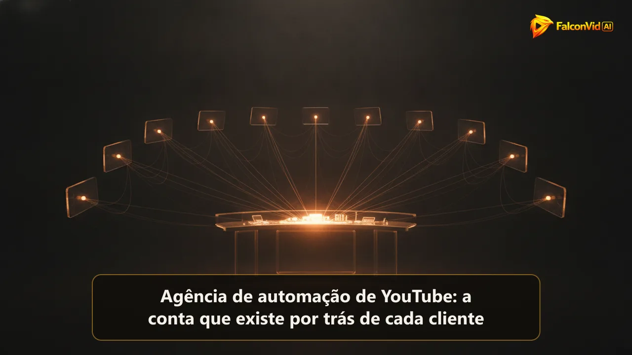 Uma mesa de controle iluminada ligada por fios de luz a um semicírculo de painéis flutuantes, representando um operador tocando vários canais de clientes