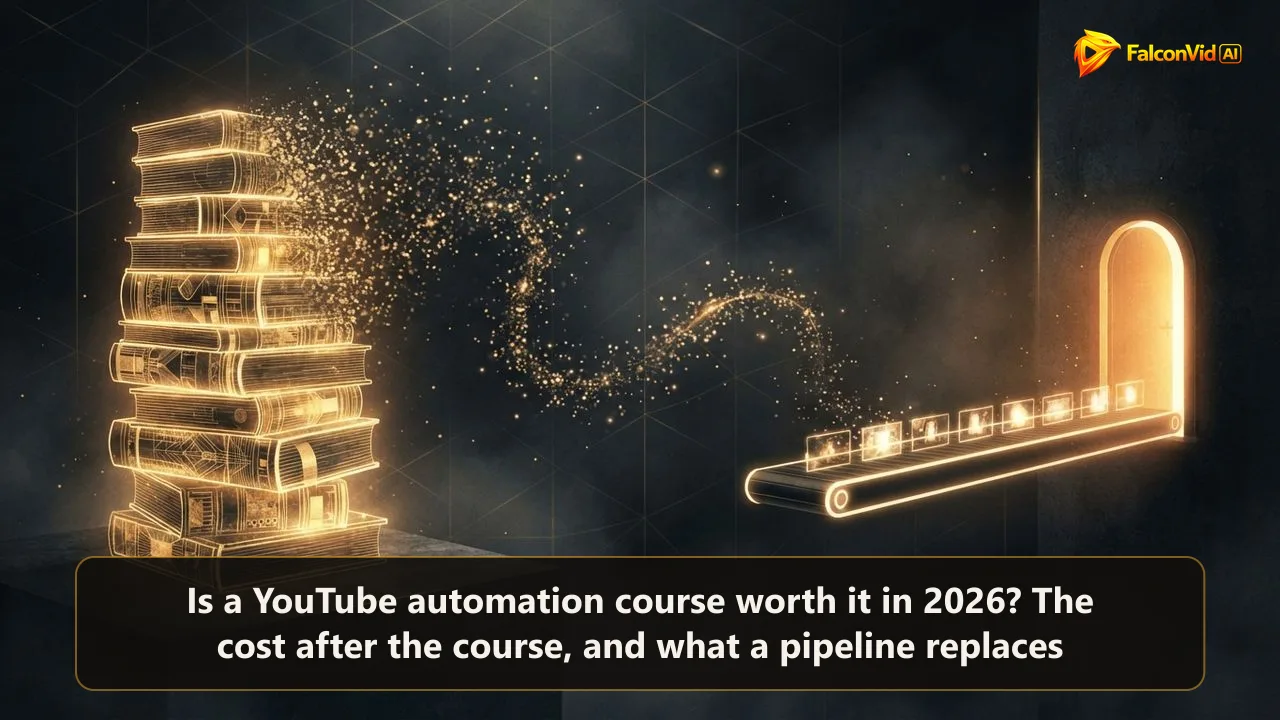 A stack of glowing books dissolving into particles of light that reassemble into a single conveyor belt carrying bright video tiles toward a doorway, a course turning into a pipeline