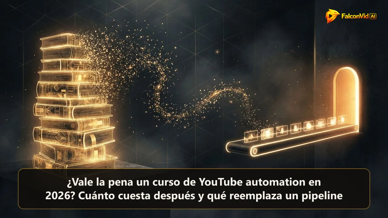 Una pila de libros brillantes disolviéndose en partículas de luz que se reorganizan en una sola cinta transportadora llevando cuadros de video hacia una puerta, un curso convirtiéndose en un pipeline