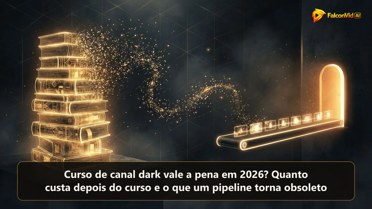 Uma pilha de livros brilhantes se dissolvendo em partículas de luz que se reorganizam numa única esteira carregando quadros de vídeo em direção a uma porta, um curso virando um pipeline