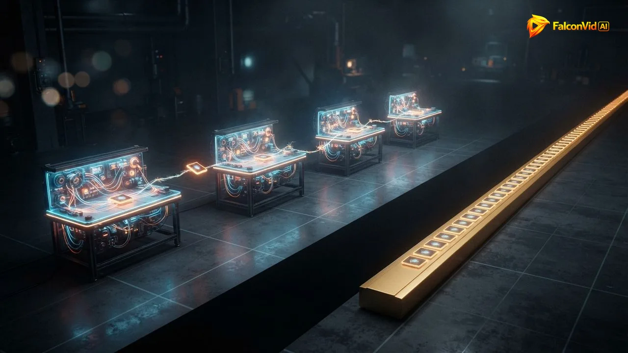Four separate workbenches connected by fraying threads of light passing a single tile slowly between them, next to one seamless golden rail where identical tiles glide in a row, a freelancer chain beside a pipeline