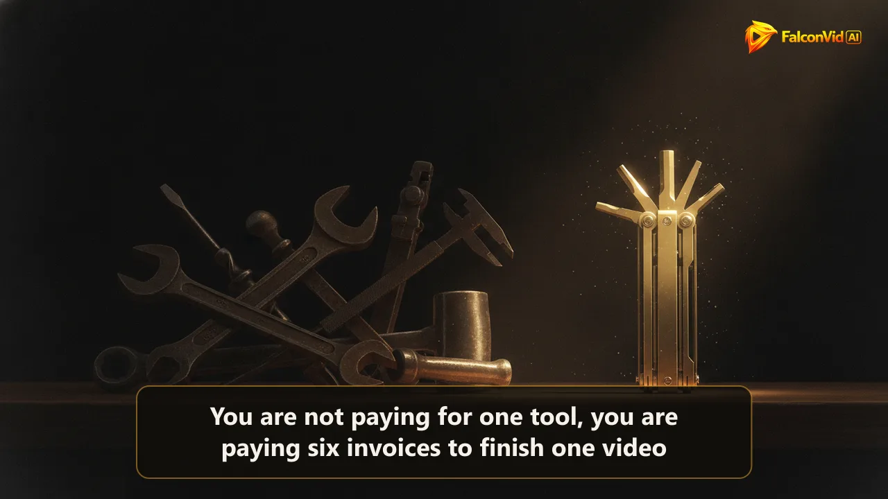 A cluttered dark workbench of six mismatched brass tools beside one single elegant brass multi-tool catching a golden beam
