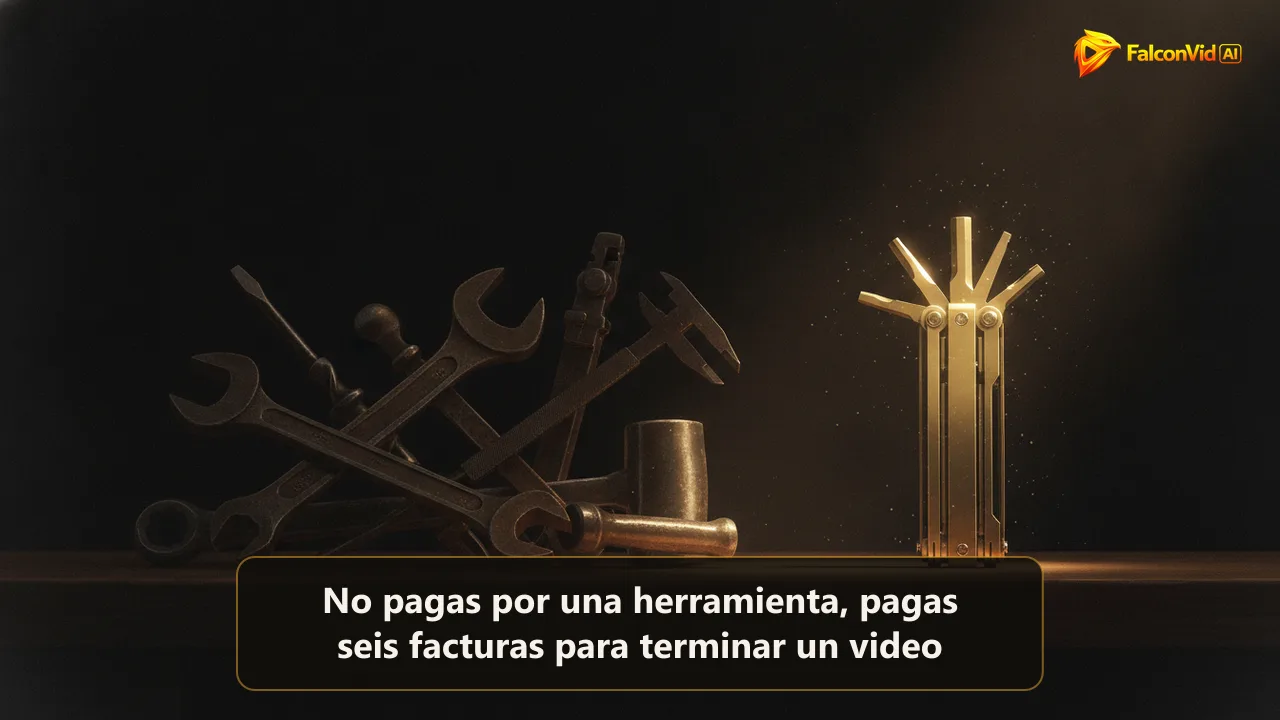 Un banco de trabajo oscuro y desordenado con seis herramientas de latón distintas junto a una única multiherramienta de latón elegante bajo la luz dorada