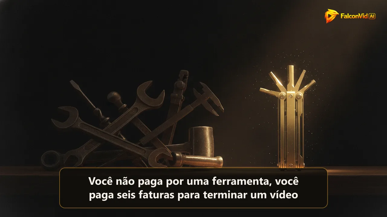 Uma bancada escura e bagunçada com seis ferramentas de latão diferentes ao lado de uma única multiferramenta de latão elegante na luz dourada