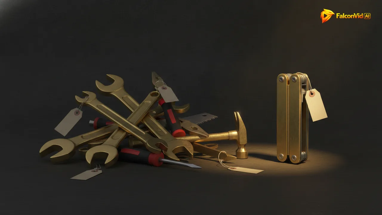 Six separate brass tools each tagged with its own blank price tag piled in a heap, beside one consolidated brass multi-tool with a single tag in golden light