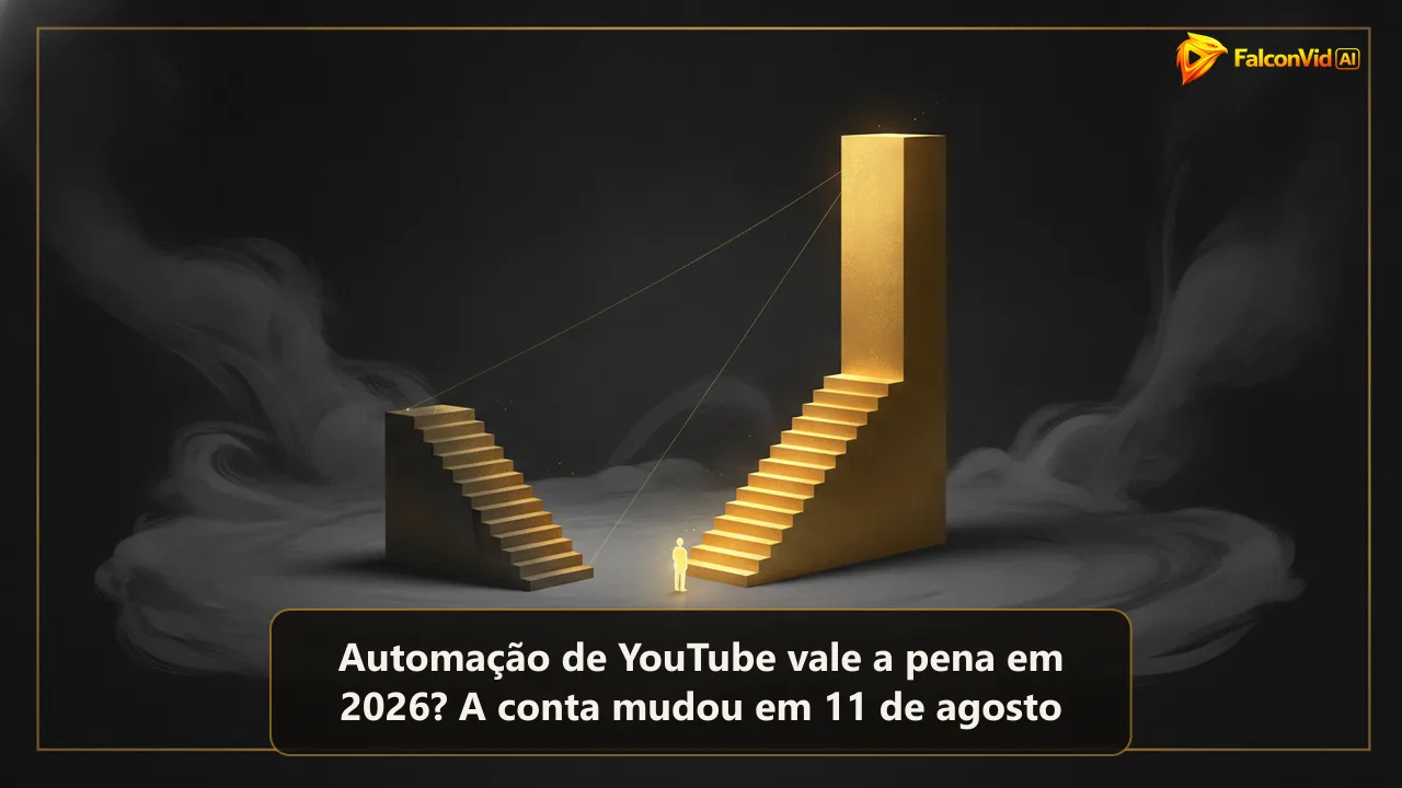 Duas escadarias douradas sobre um plano escuro, a da direita com o dobro da altura da esquerda, e uma pequena figura na base olhando para cima.
