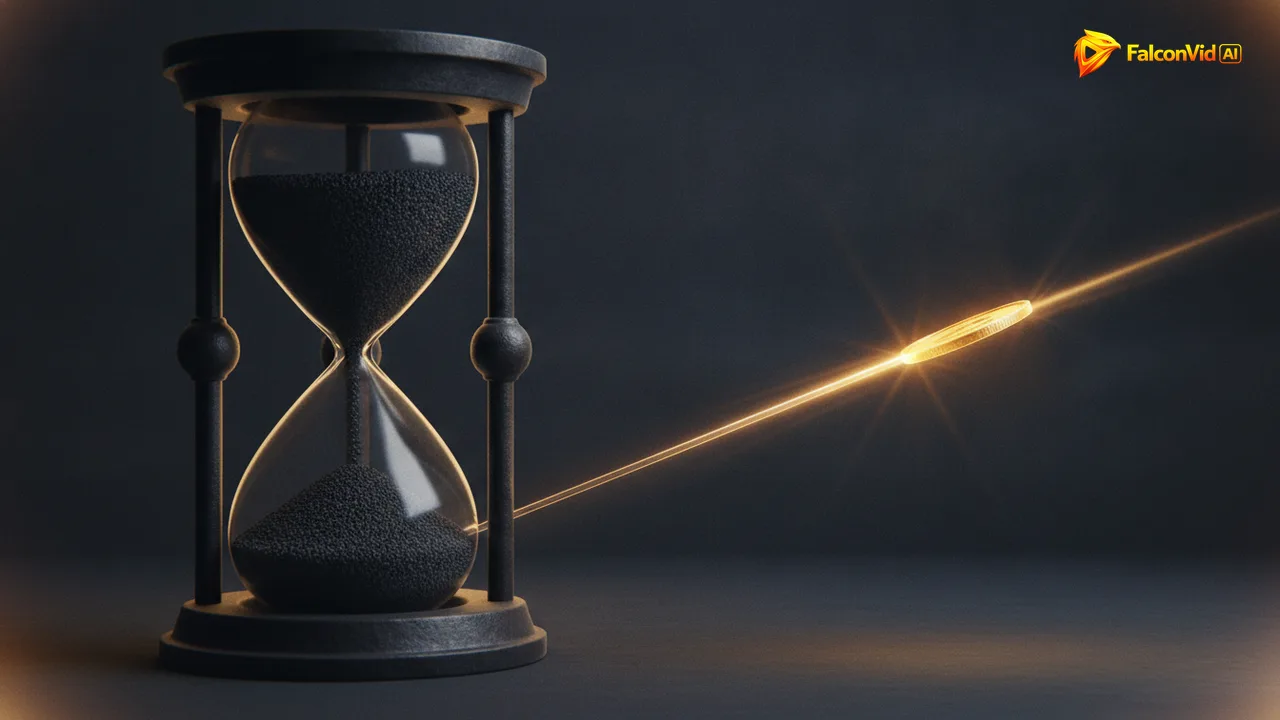 A heavy dark hourglass on one side of a glowing balance beam and a small golden coin sliver on the other, with the beam tilting toward the coin.