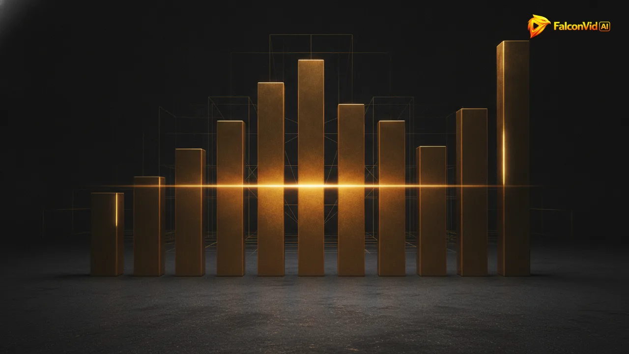 Ten golden bars of different heights with a single glowing horizontal line crossing them at the height of the middle bar, and one very tall bar fading out at the edge.