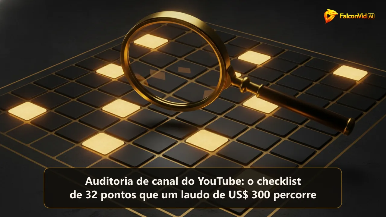 Uma grande lupa dourada sobre uma grade de pequenos ladrilhos numa superfície escura, com cerca de um terço deles brilhando em dourado e o restante apagado.