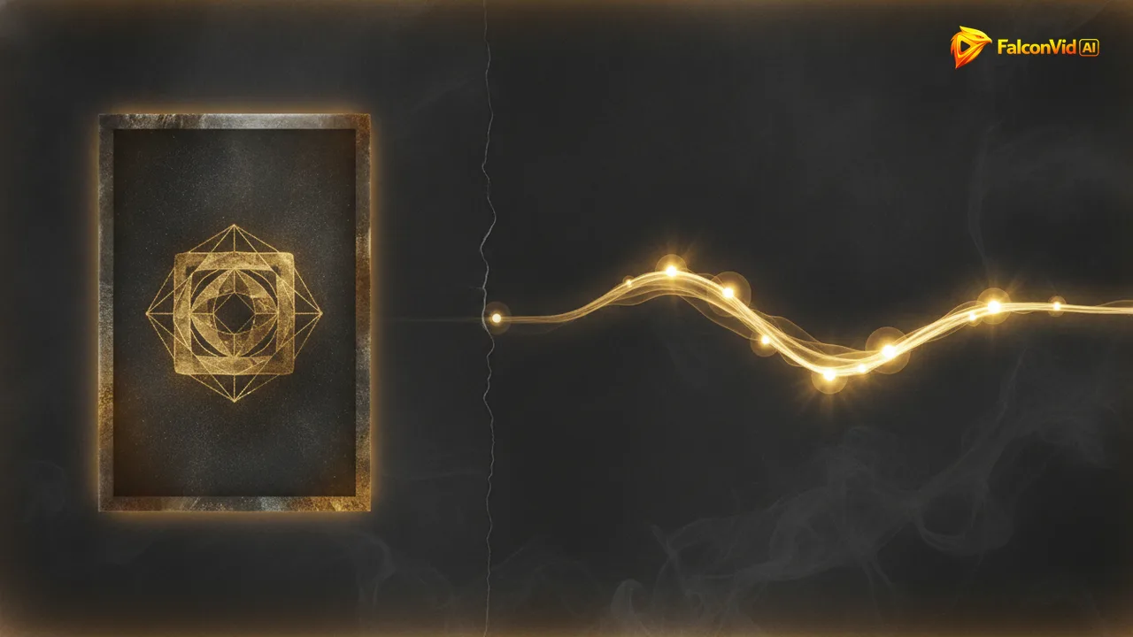 A single frozen framed image on the left, dimming at the edges, next to a continuous glowing golden pulse line running off the right edge of the frame.