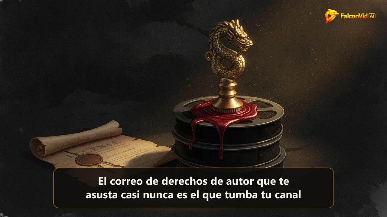 Sello de latón prensado en lacre rojo sobre una pila de latas de película, una de ellas iluminada por un haz dorado en la oscuridad