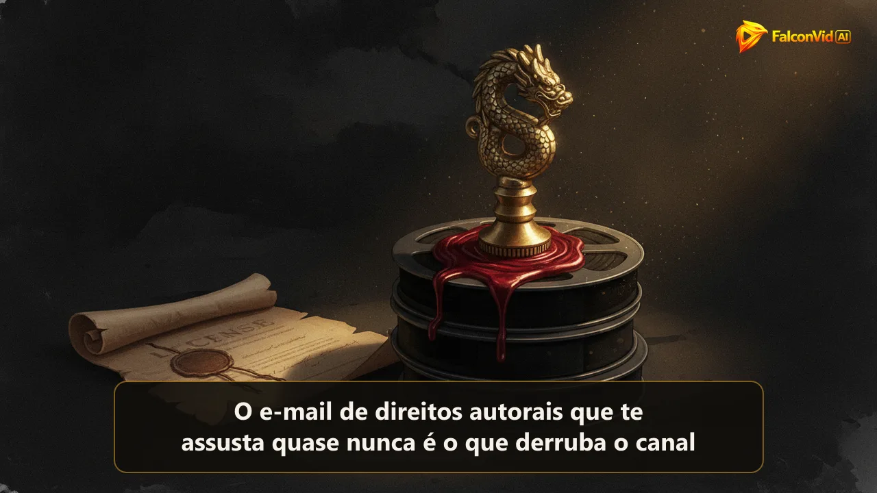 Carimbo de latão prensado em lacre vermelho sobre uma pilha de latas de filme, uma delas iluminada por um facho dourado no escuro