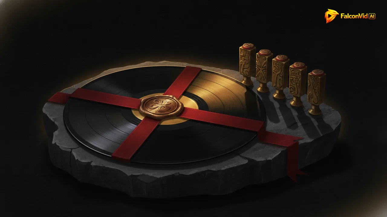 A vinyl record with one half bound in red wax sealed ribbon and the other half free in golden light, beside a row of brass stamps