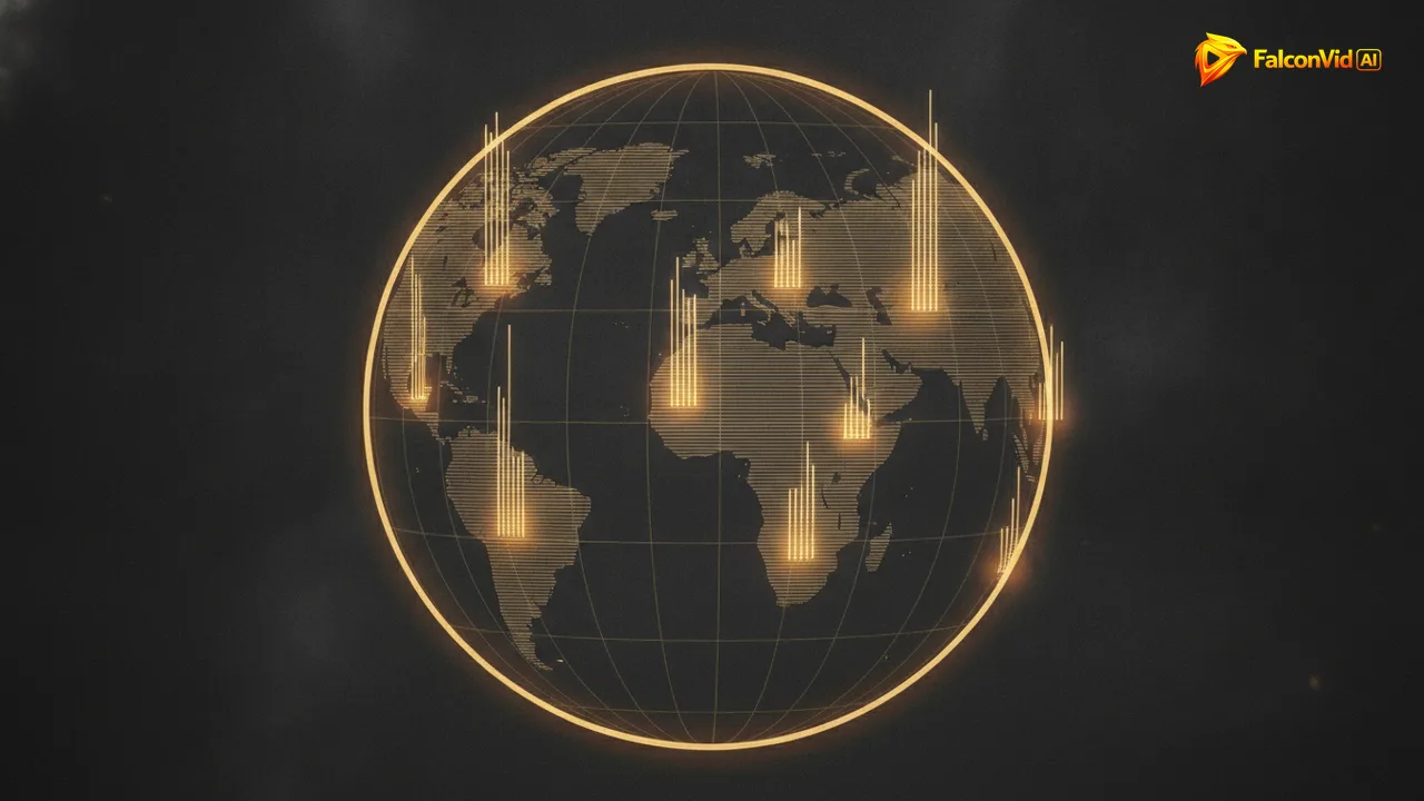 An abstract globe of thin golden lines with glowing hotspots of different intensities and unequal light bars rising from each continent.