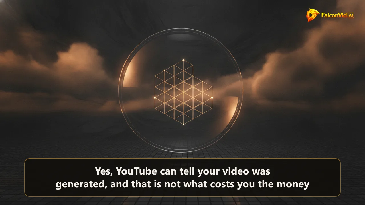 A lens over a dark pixel grid revealing a hidden glowing pattern only inside the lens, representing an invisible watermark inside a generated video