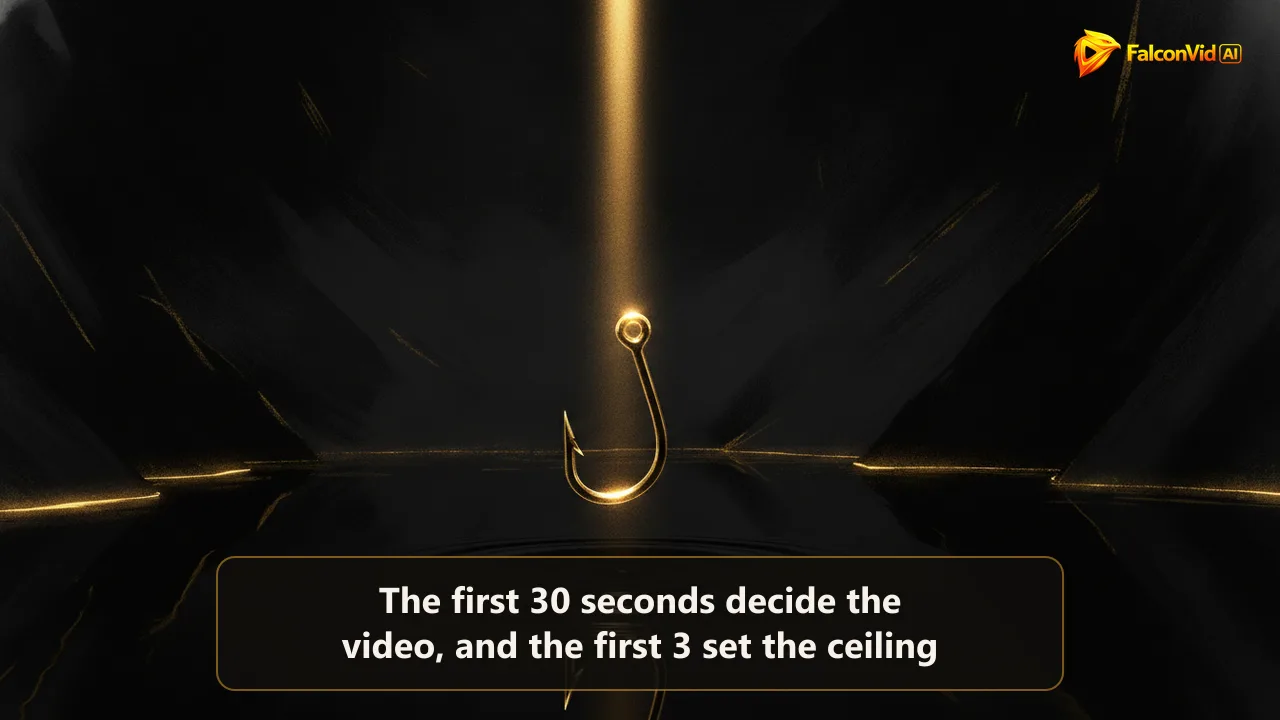 A single glowing brass fish hook catching a golden beam over a dark still pool, with a fine ripple spreading across the black water