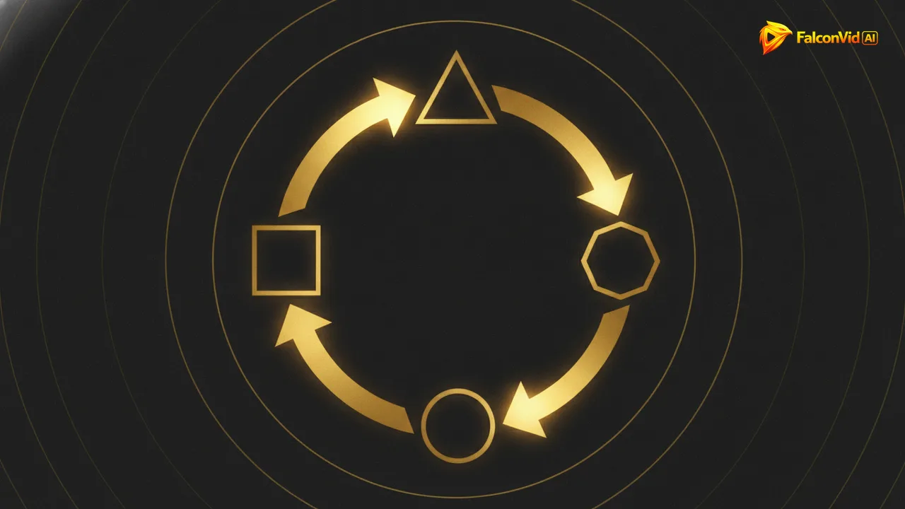 Four golden nodes joined by curved arrows in a closed loop, one arrow brighter than the others.