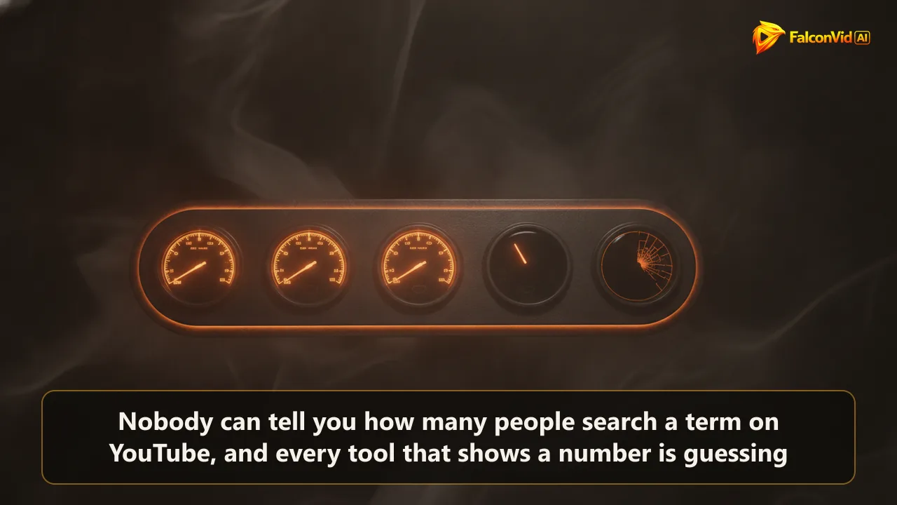 A dark instrument panel with three lit gauges and one completely empty gauge, representing YouTube keyword research where the search volume number does not exist