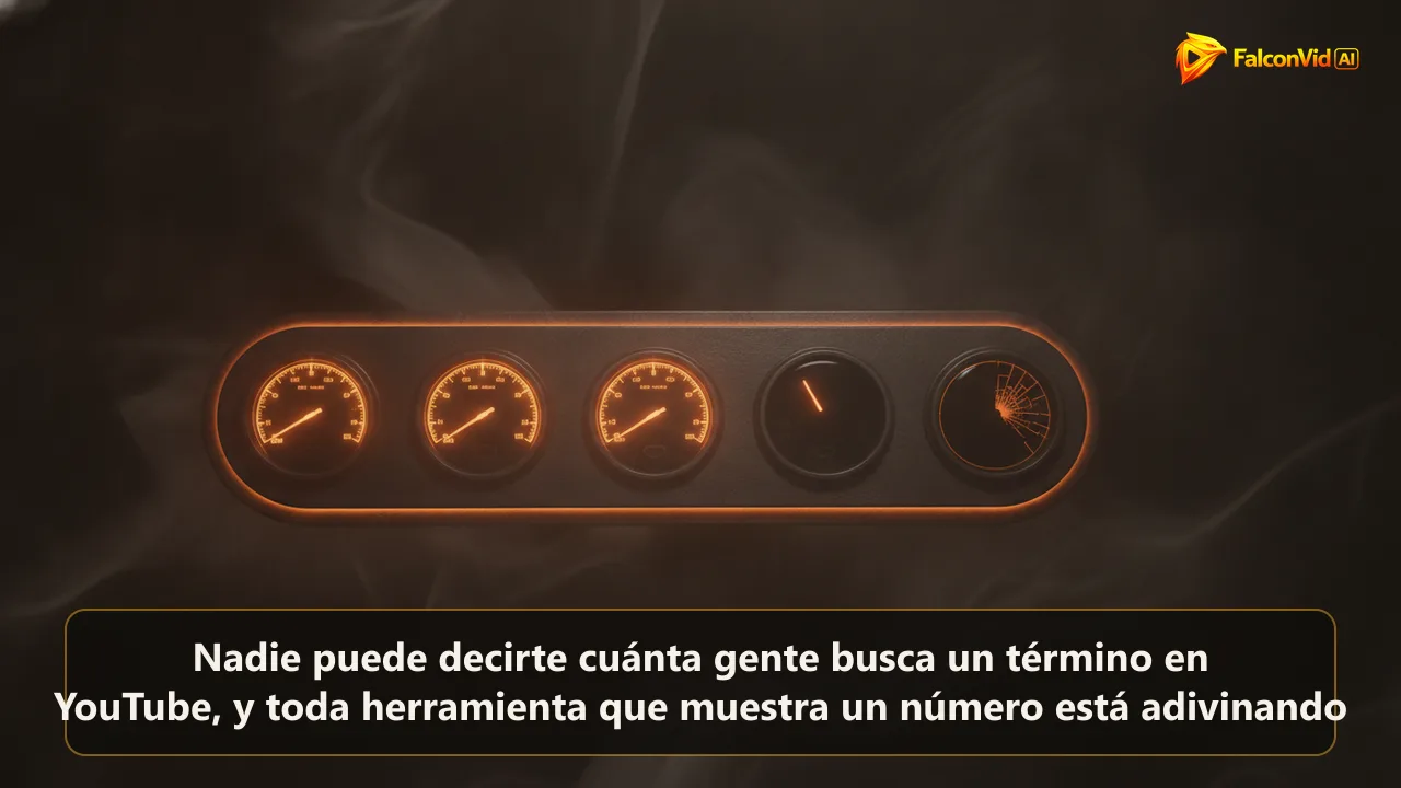 Panel oscuro con tres indicadores encendidos y uno completamente vacío, que representa la investigación de palabras clave en YouTube donde el número de volumen de búsqueda no existe