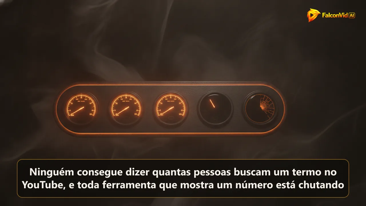 Painel escuro com três mostradores acesos e um completamente vazio, representando a pesquisa de palavras-chave no YouTube onde o número de volume de busca não existe