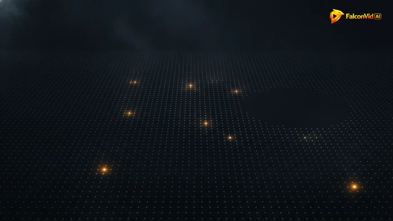 A dark field of dim dots with five burning bright and one empty gap, representing breakout videos and an unserved content gap on YouTube