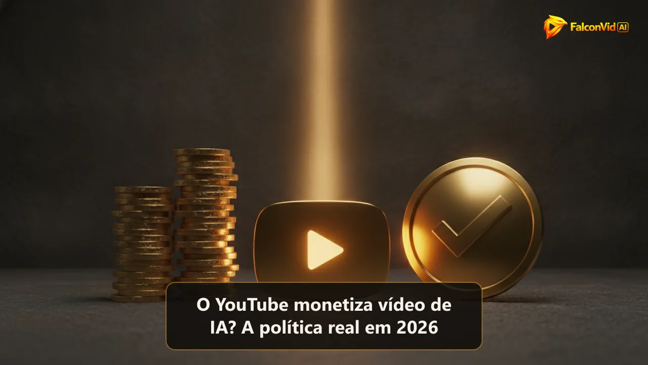 Botão de play dourado e moedas de ouro ao lado de um escudo dourado com um selo de aprovação