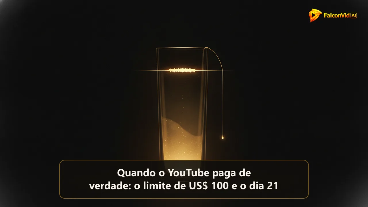 Um recipiente alto no escuro enchendo de luz dourada até uma linha de corte marcada no alto, com um fio de luz transbordando pela borda.
