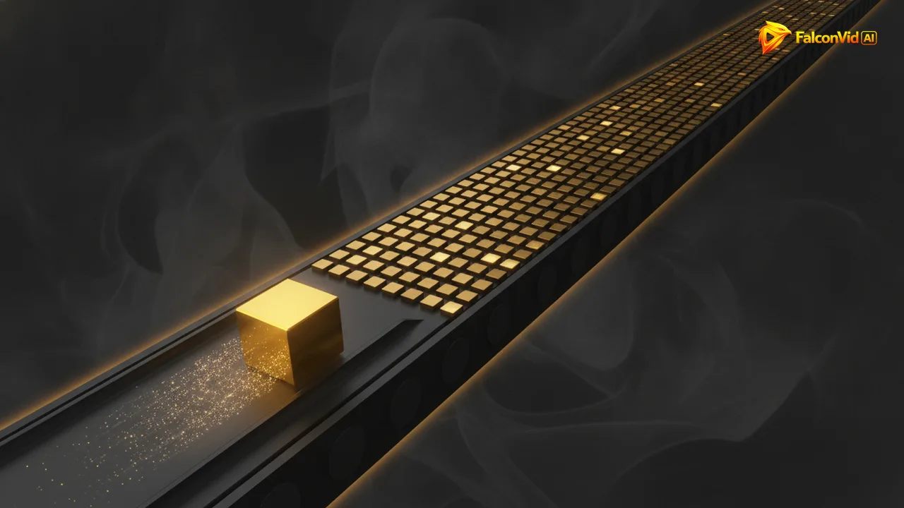 A grid of small golden blocks receding into darkness while one larger block breaks away and slides down a curved channel toward the viewer.