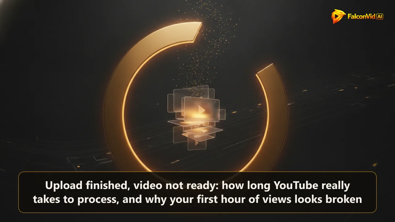 A large golden circular progress ring three quarters filled with translucent video frames rising through its centre.