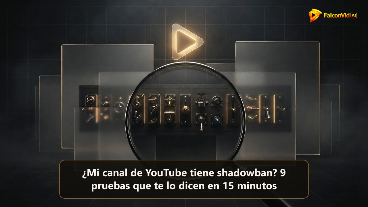 Un faro dorado con forma de play medio oculto detrás de paneles de vidrio esmerilado, con una lupa que revela mecanismos separados detrás, las restricciones reales detrás del supuesto shadowban