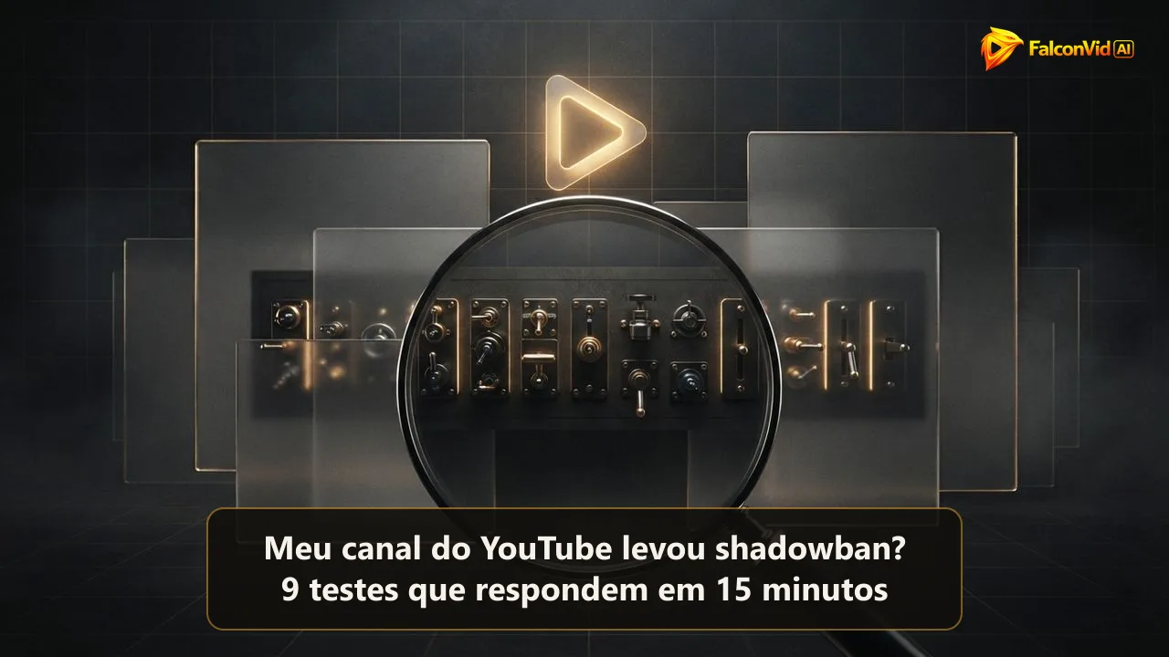 Um farol dourado em forma de play meio escondido atrás de placas de vidro fosco, com uma lupa revelando mecanismos separados atrás dele, as restrições reais por trás do suposto shadowban