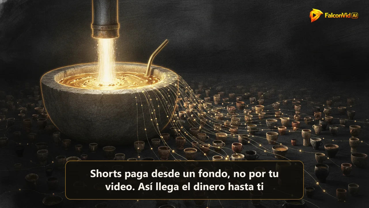 Pila de piedra llena de líquido dorado luminoso, un tubo la llena mientras un sifón desvía parte y finos hilos llevan gotas hacia cientos de vasitos