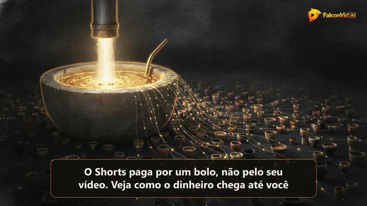 Bacia de pedra cheia de líquido dourado brilhante sendo enchida por um cano enquanto um sifão desvia parte dela e fios finos levam gotas para centenas de copinhos