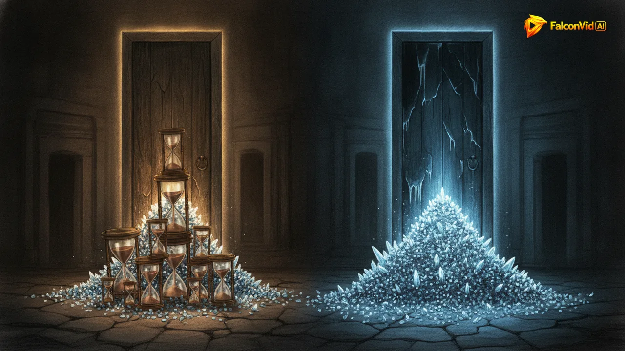 Two heavy doors in a dark stone hall, the narrow one lit warmly with a stack of brass hourglasses in front, the enormous one facing a mountain of tiny glowing shards
