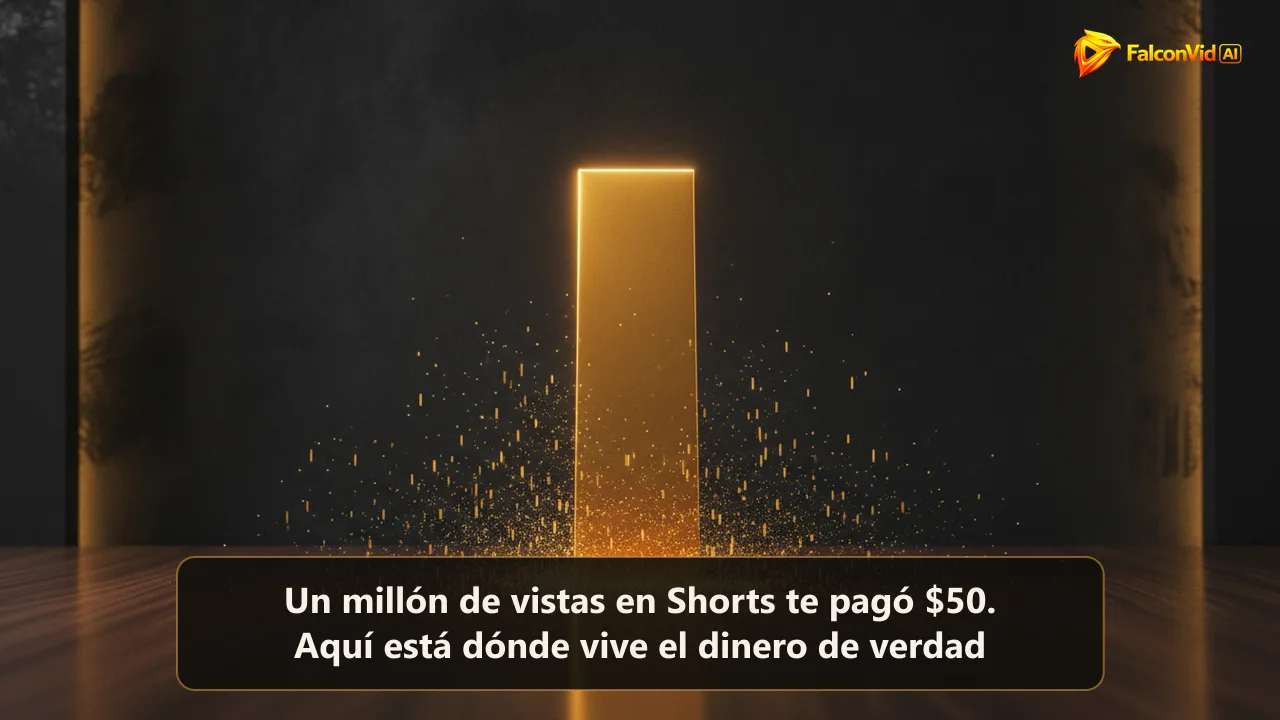 Rectángulo dorado alto y firme sobre un escritorio oscuro mientras cientos de láminas verticales diminutas se deshacen en polvo alrededor