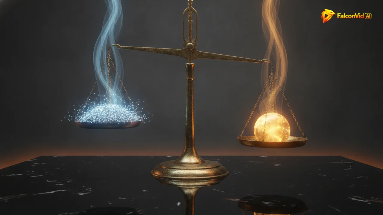 A brass balance scale where thousands of tiny glowing particles barely lift one pan while a single golden orb sinks the other