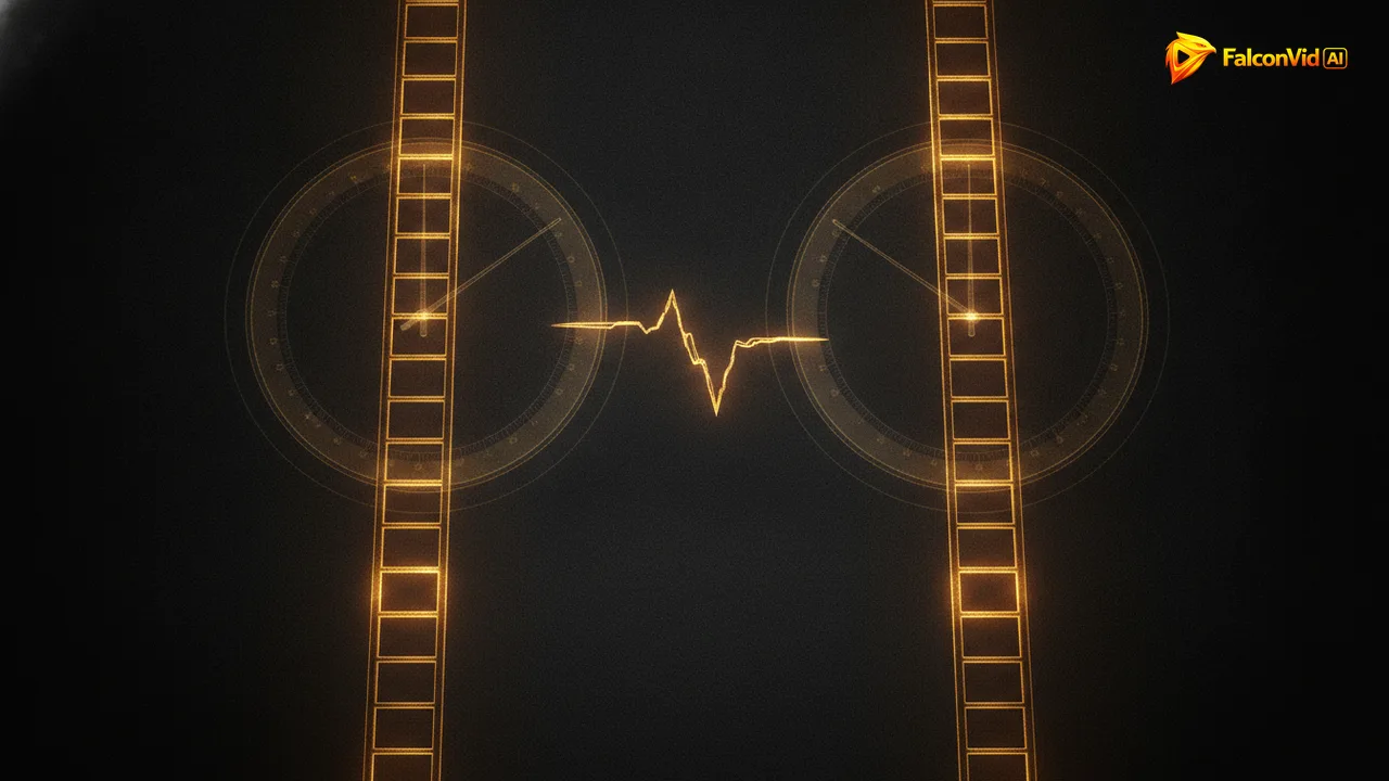 Two separate golden ladders rising in parallel, each inside its own dial ring, never connecting.