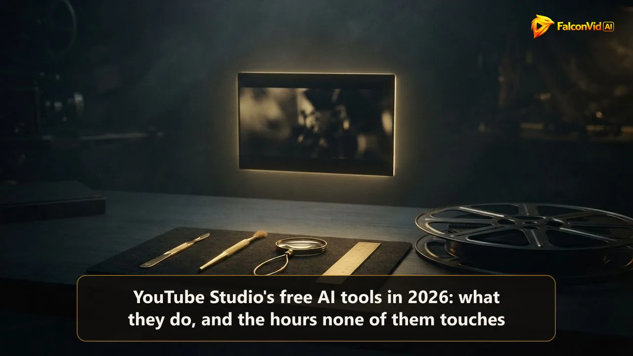 A row of small golden tools on a dark workbench pointing at one glowing video frame, beside an empty film reel waiting in shadow
