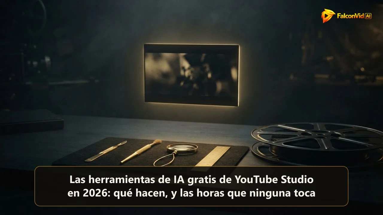 Una fila de pequeñas herramientas doradas sobre un banco oscuro apuntando a un único cuadro de video encendido, junto a un rollo de película vacío esperando en la sombra
