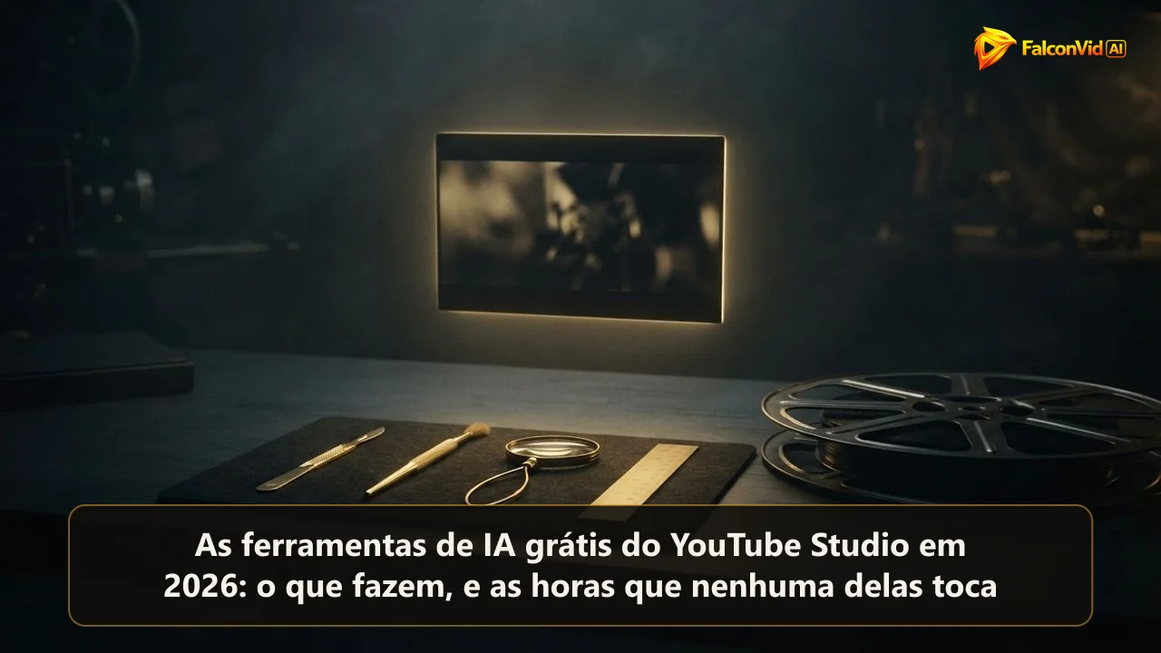 Uma fileira de pequenas ferramentas douradas numa bancada escura apontando para um único quadro de vídeo aceso, ao lado de um rolo de filme vazio esperando na sombra