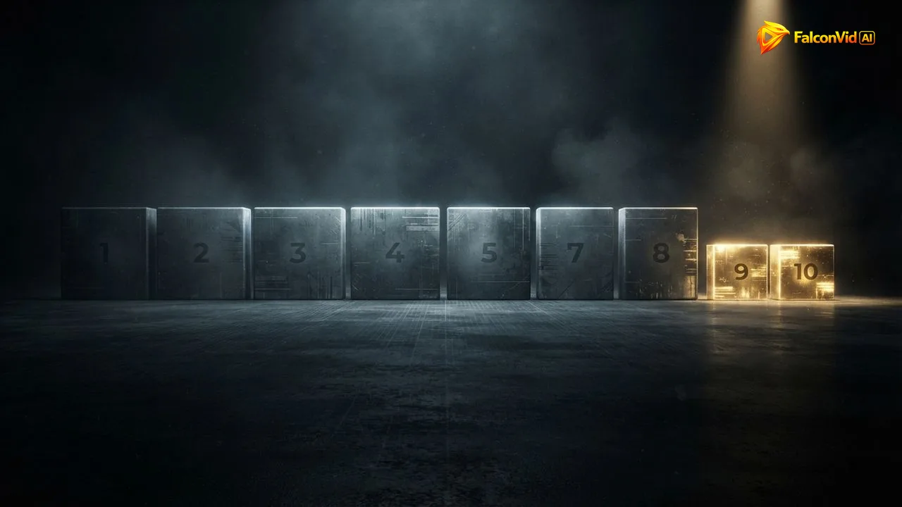 A timeline of ten blocks on a dark floor, eight large grey blocks unlit and only the last two small blocks lit in gold