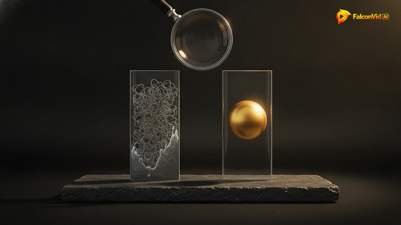 Two small glass panels shrunk to stamp size, the left one crammed with tangled shapes collapsing into grey mush and the right one holding a single bold golden sphere