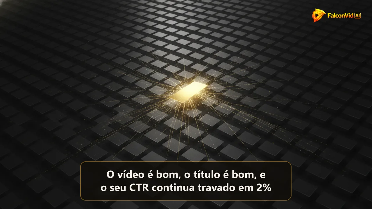 Grade de cartões cinzas apagados flutuando no escuro com um único cartão dourado inclinado para a frente, puxando partículas de luz para si