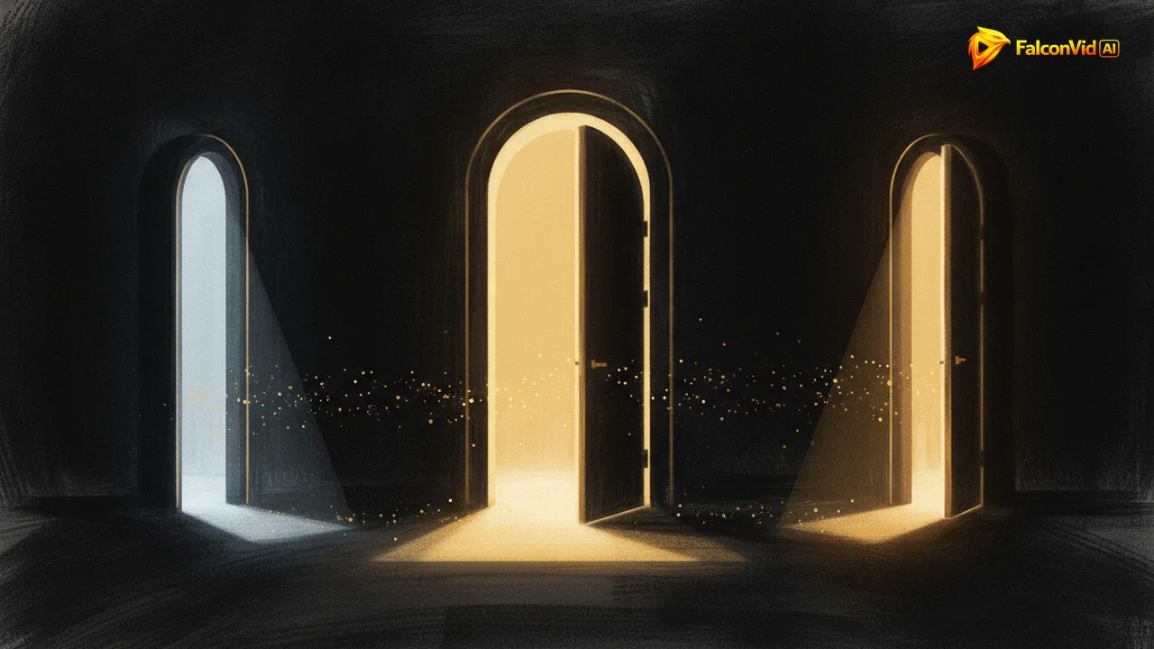 Three doorways in the dark, the middle one wide open pouring golden light while the left one is barely lit.
